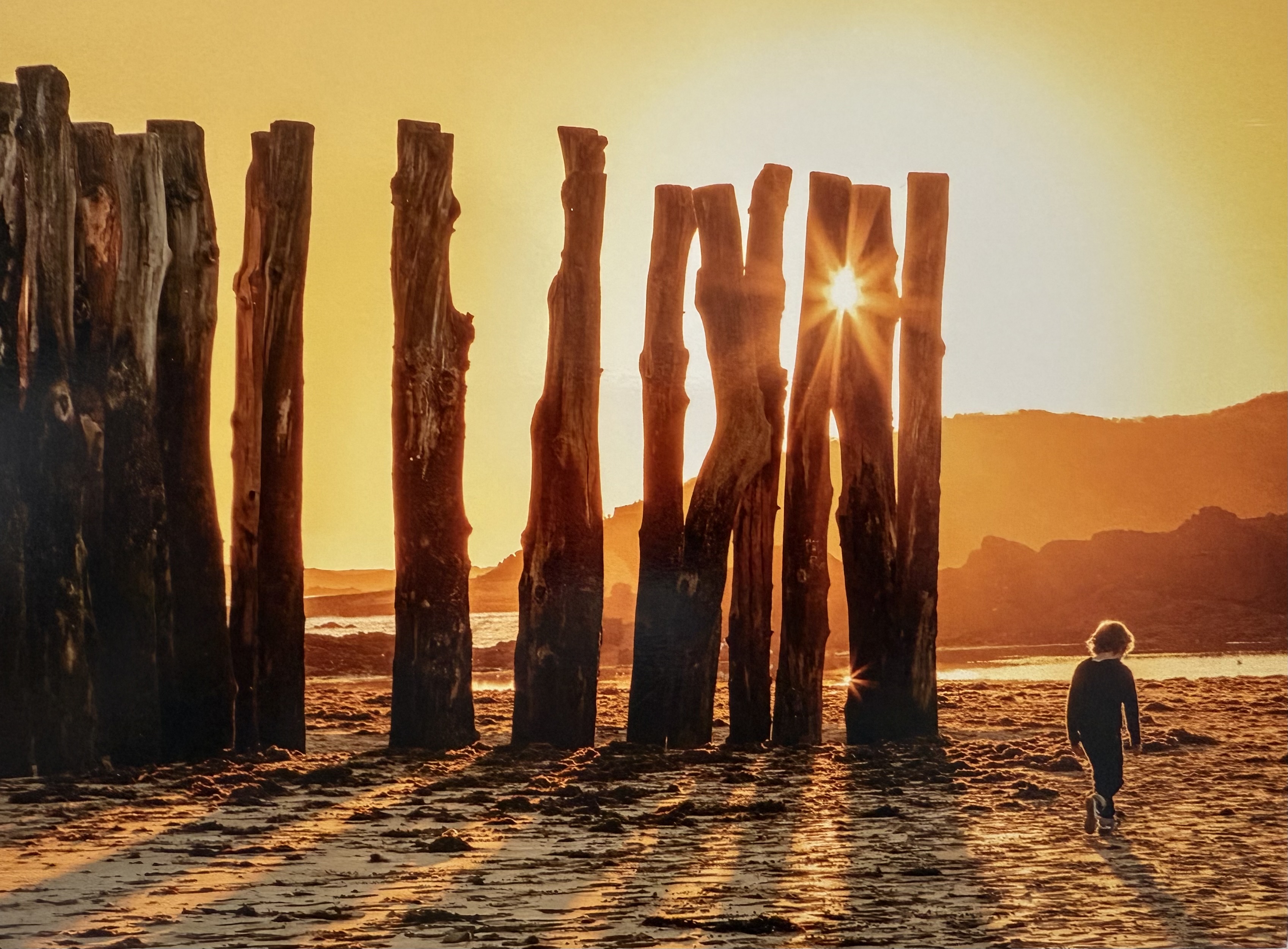 Plage au coucher de soleil avec poteaux de bois et lumière dorée
